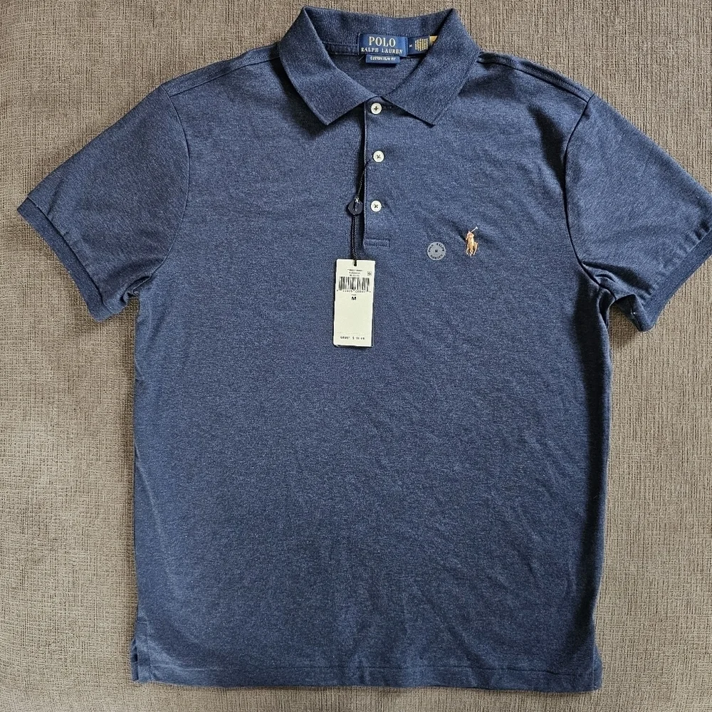 Polo Ralph Lauren Custom Slim-fit cotton piqué Heather Blue Men polo shirt Sz M